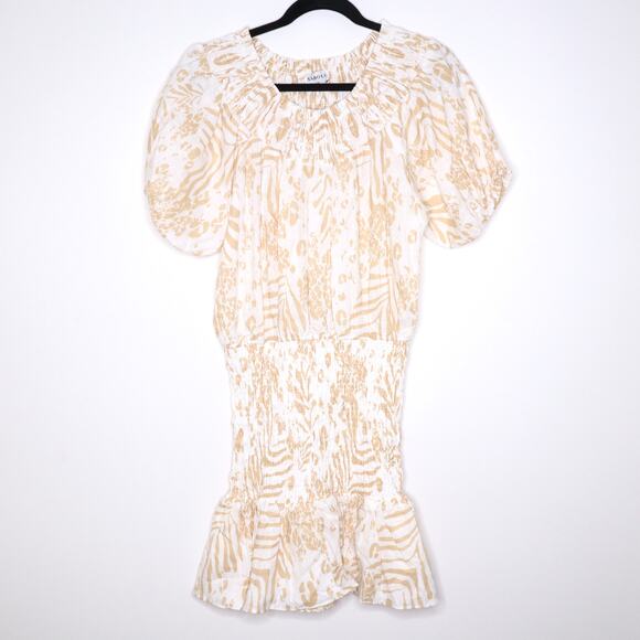 SABO LUXE Camari Linen Dress Smocked Patterned Ruffle Hem White Beige Women's L - Picture 1 of 13